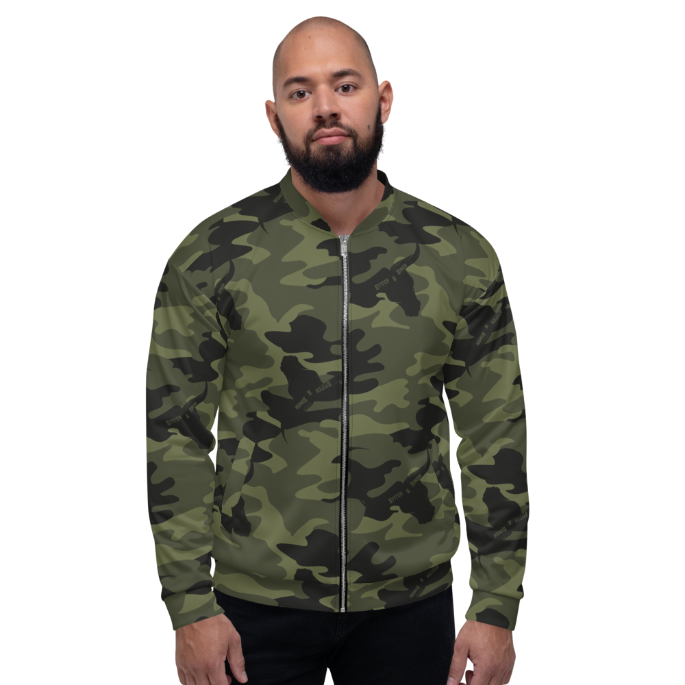 Mens Green Camouflage Bomber Jacket - Sustainable Outdoor Clothing, Camouflage Gear, Stitch & Simon