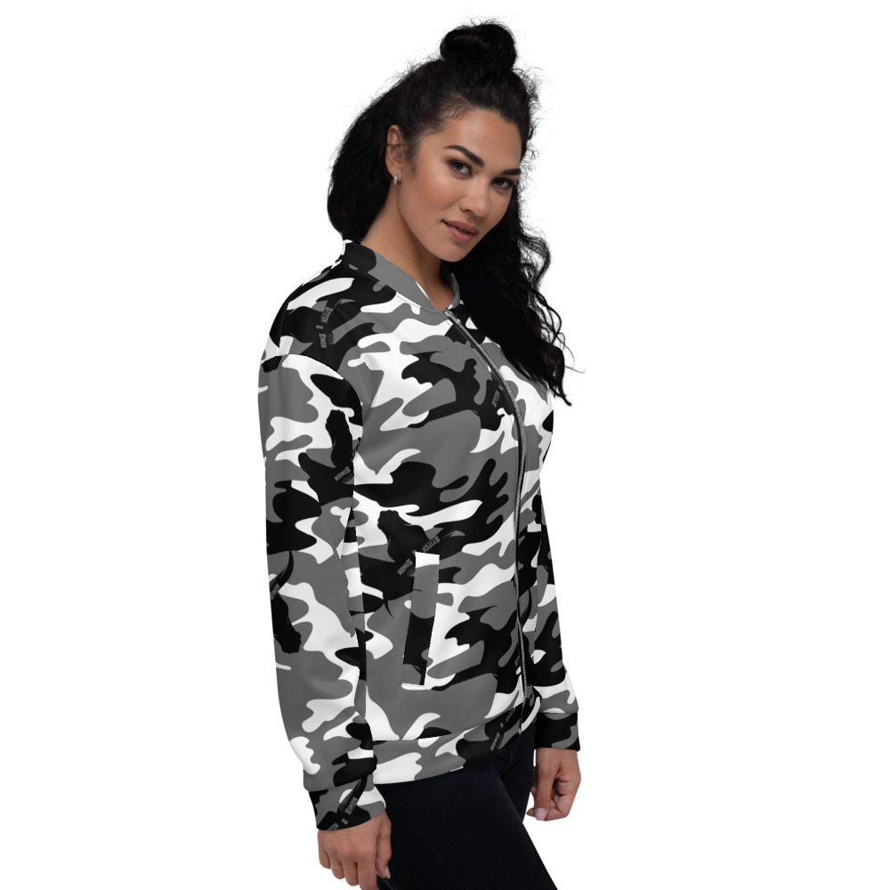 Womens Snow Camouflage Bomber Jacket - Sustainable Outdoor Clothing, Camouflage Gear, Stitch & Simon