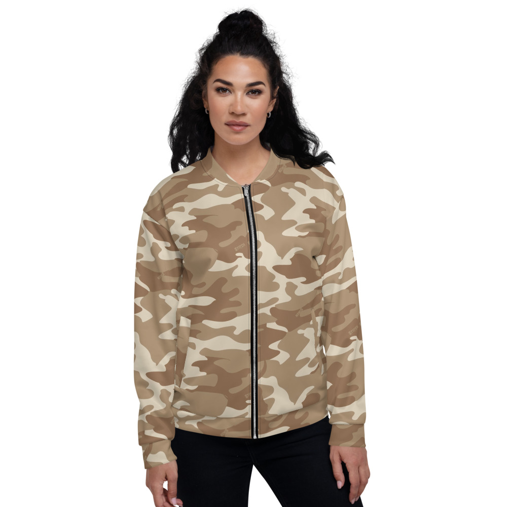 Women's Desert Camo Bomber Jacket - Sustainable Outdoor Clothing, Camouflage Gear, Stitch & Simon